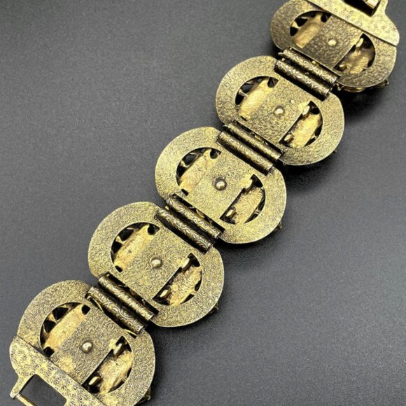 Vintage 1950s Selro Art Deco Tortoise Shell Lucite Bracelet Gold Tone & Stones - Picture 6 of 6